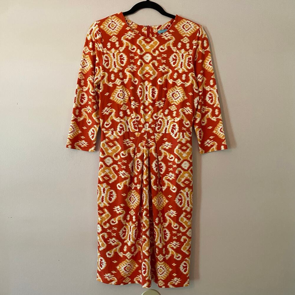 J. McLaughlin Orange White Catalina Cloth 3/4 Sleeve Knee Length Dress Small